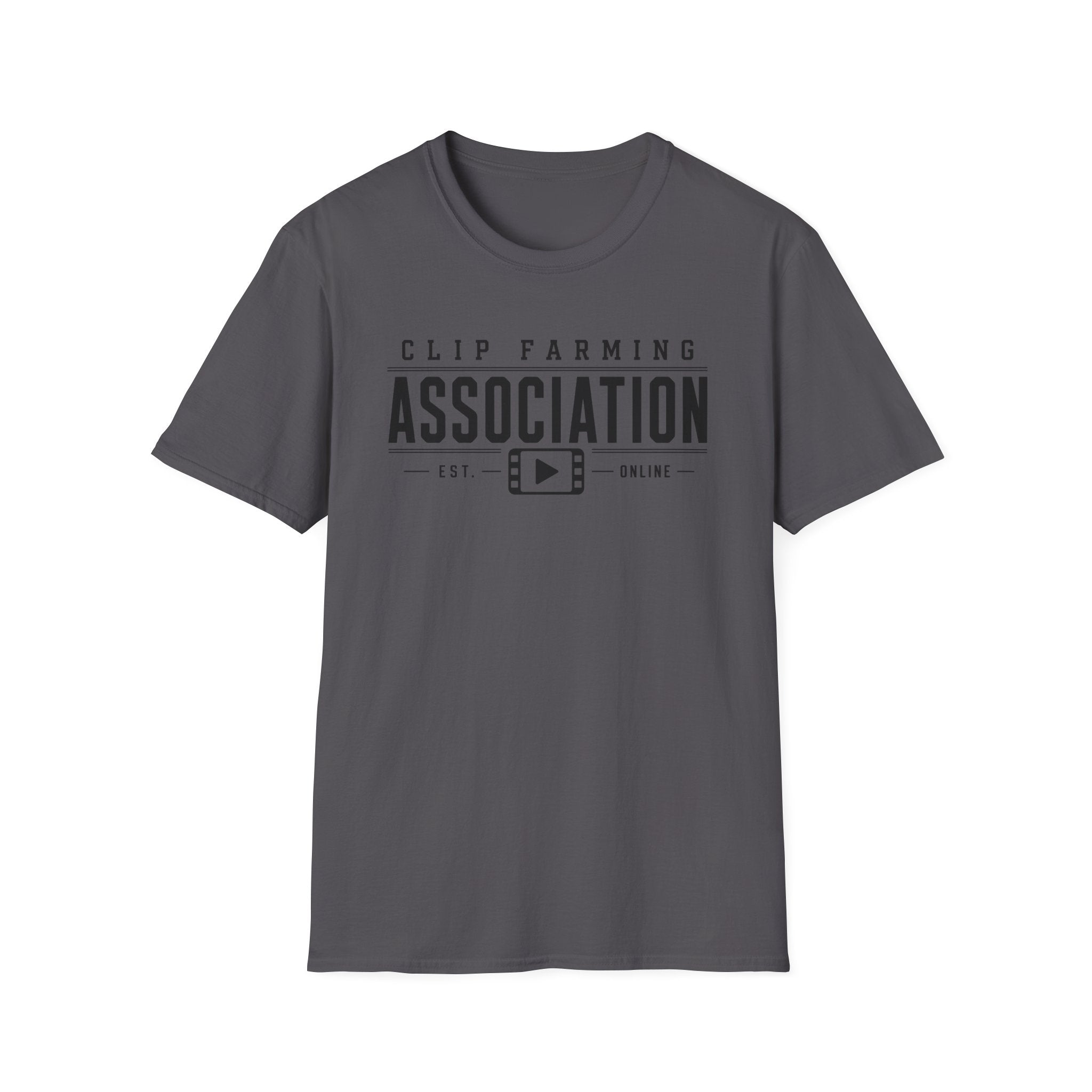 Clip Farming Association T‑Shirt — Vintage Film Reel ‘Est. Online’ Crew Tee