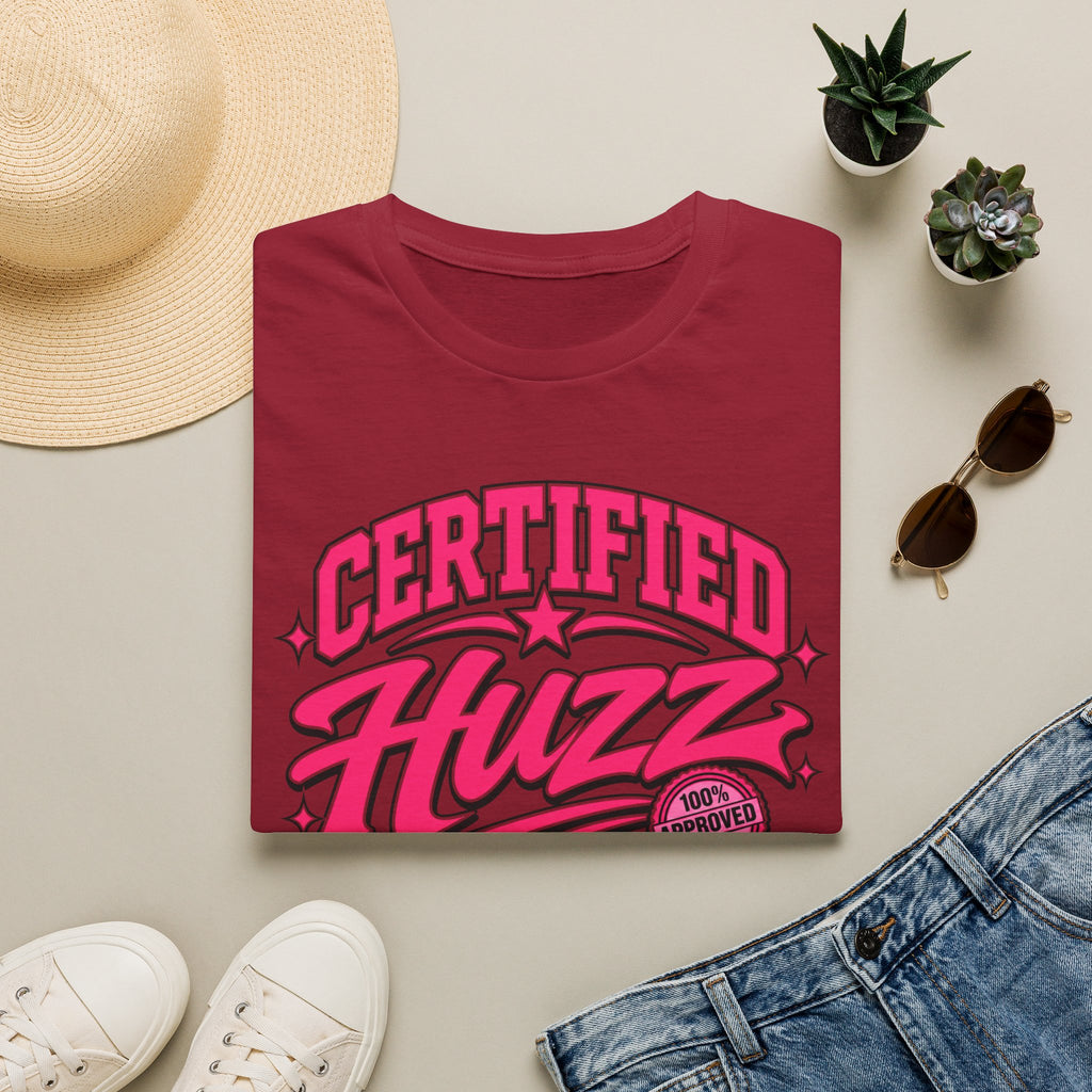 Certified Huzz T-Shirt — Pink Retro Badge Graphic Tee