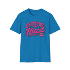 Certified Huzz T-Shirt — Pink Retro Badge Graphic Tee