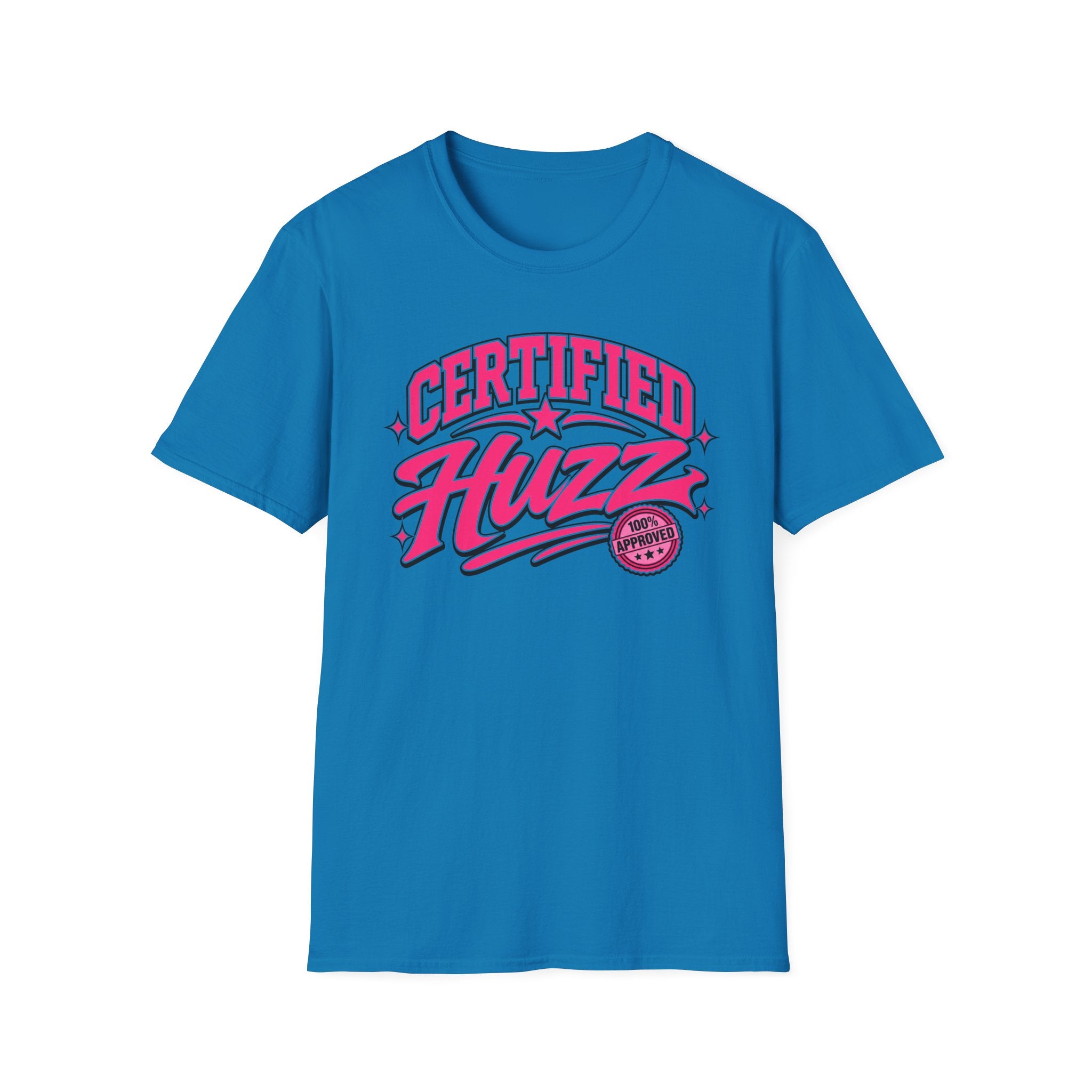 Certified Huzz T-Shirt — Pink Retro Badge Graphic Tee