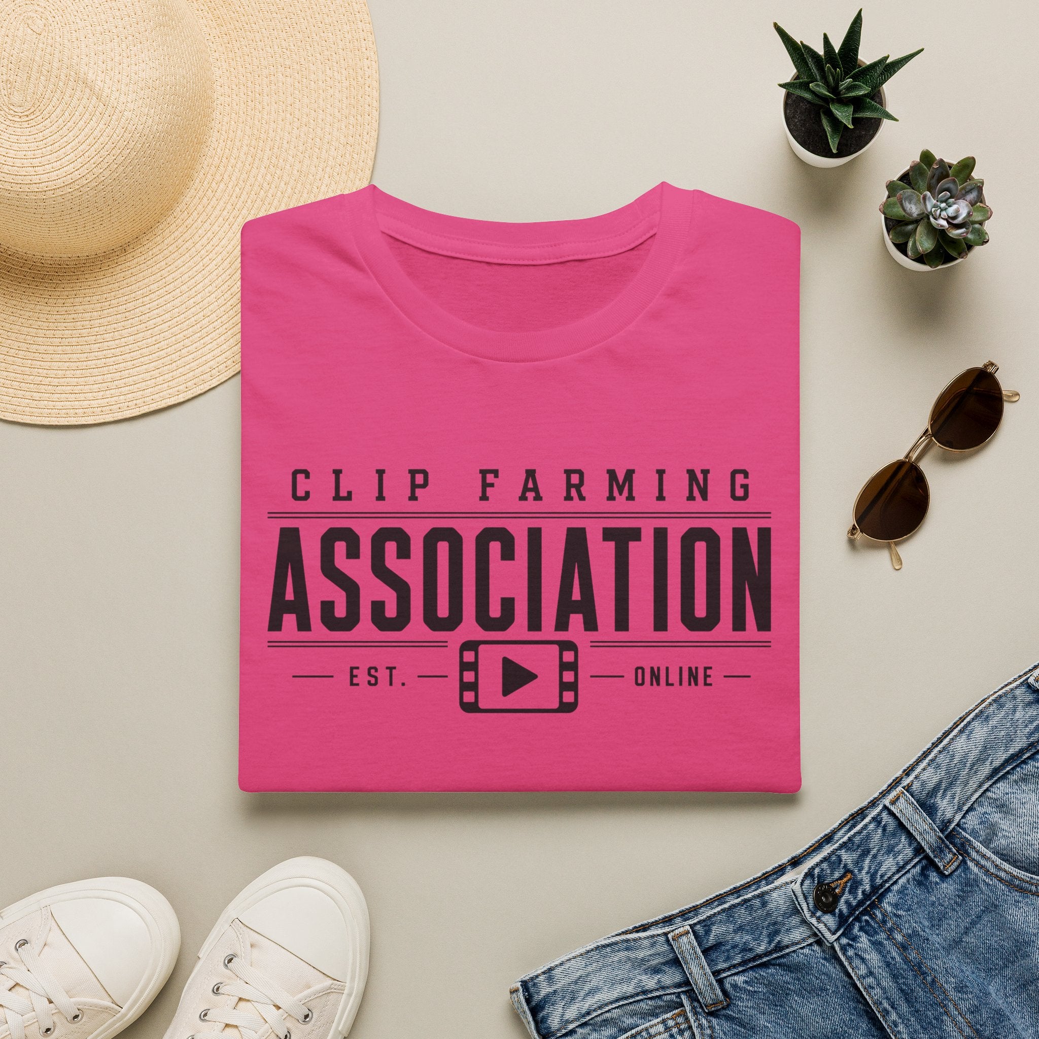 Clip Farming Association T‑Shirt — Vintage Film Reel ‘Est. Online’ Crew Tee
