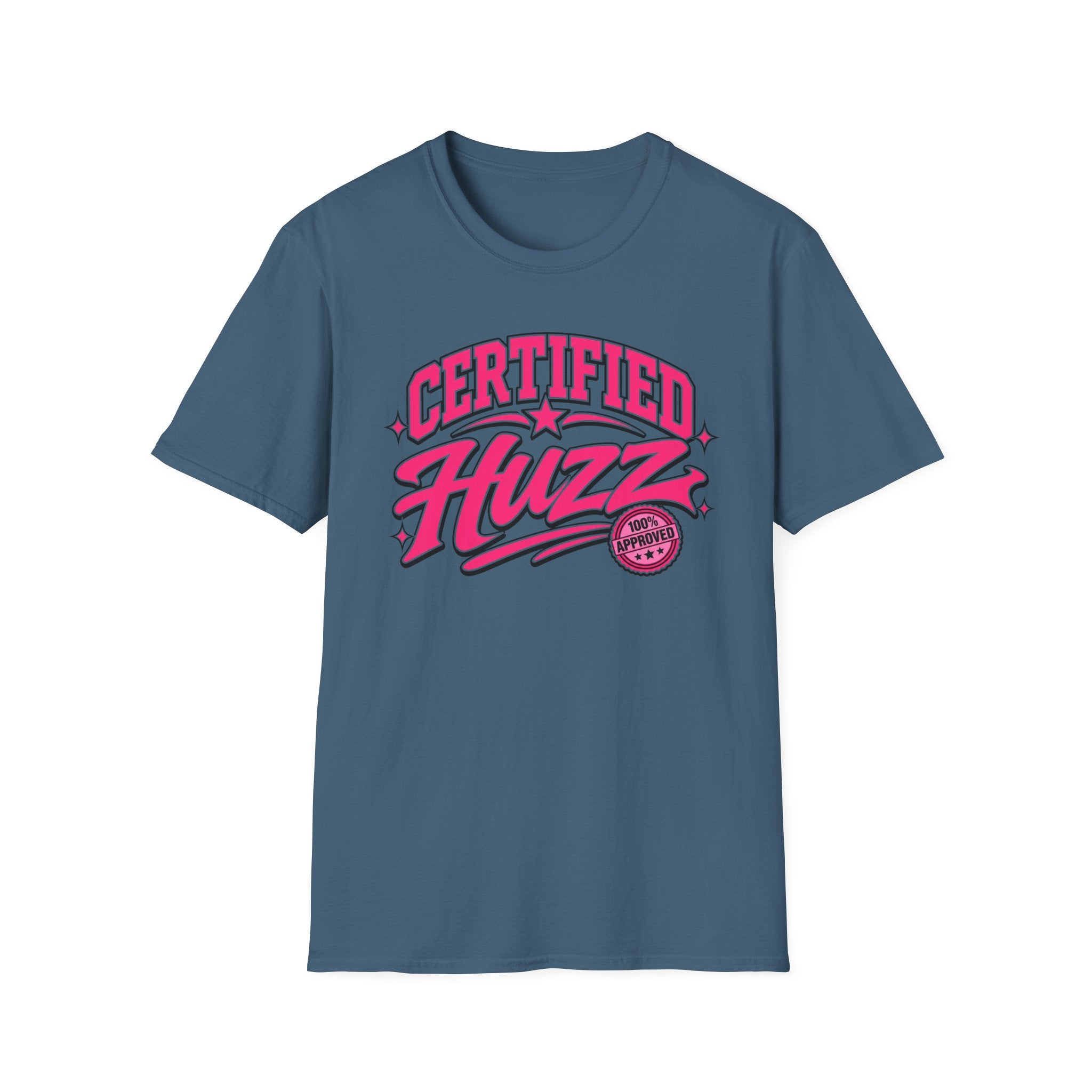 Certified Huzz T-Shirt — Pink Retro Badge Graphic Tee