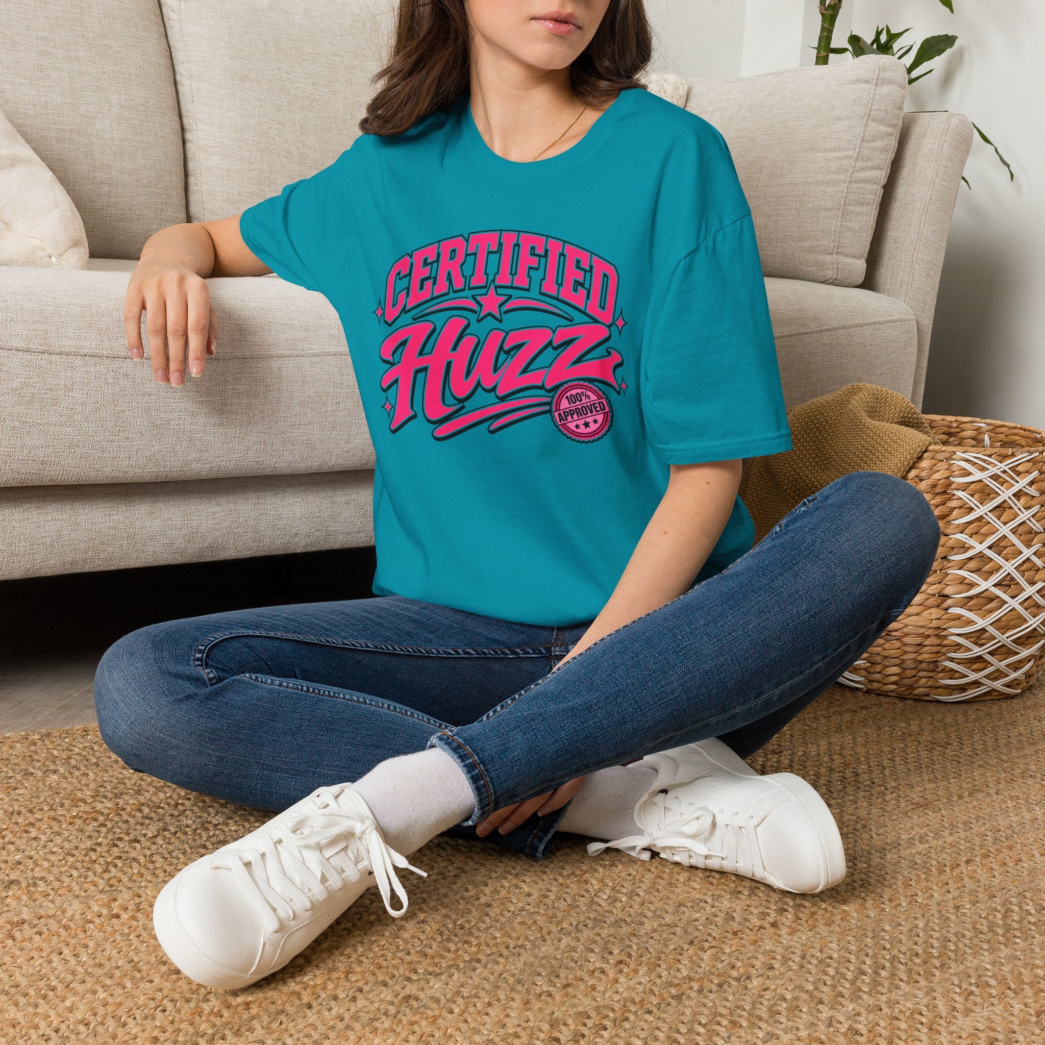 Certified Huzz T-Shirt — Pink Retro Badge Graphic Tee