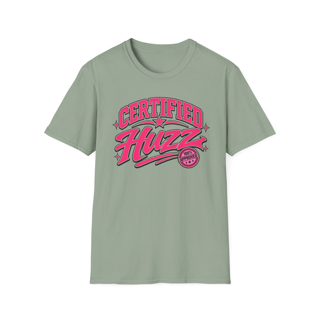 Certified Huzz T-Shirt — Pink Retro Badge Graphic Tee