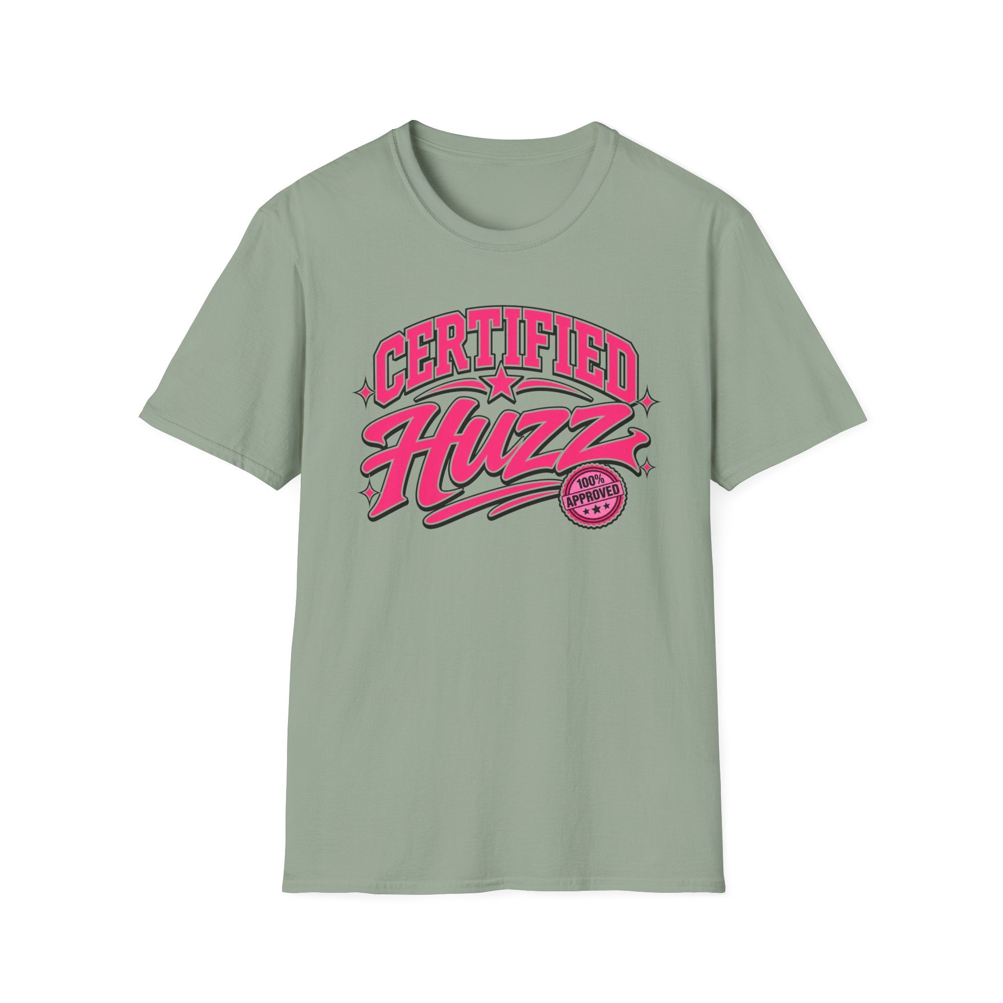 Certified Huzz T-Shirt — Pink Retro Badge Graphic Tee