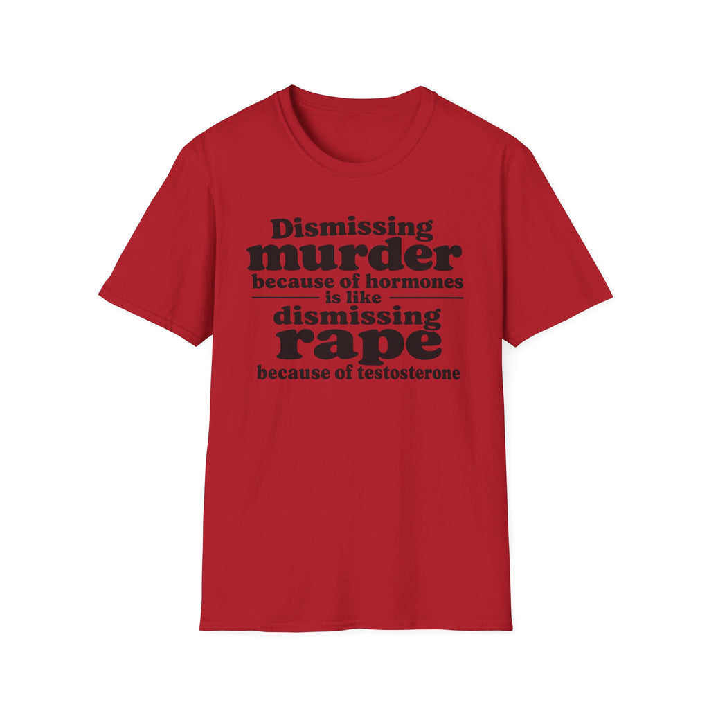 Statement Tee — "Dismissing m because of hormones is like dismissing r because of testosterone"