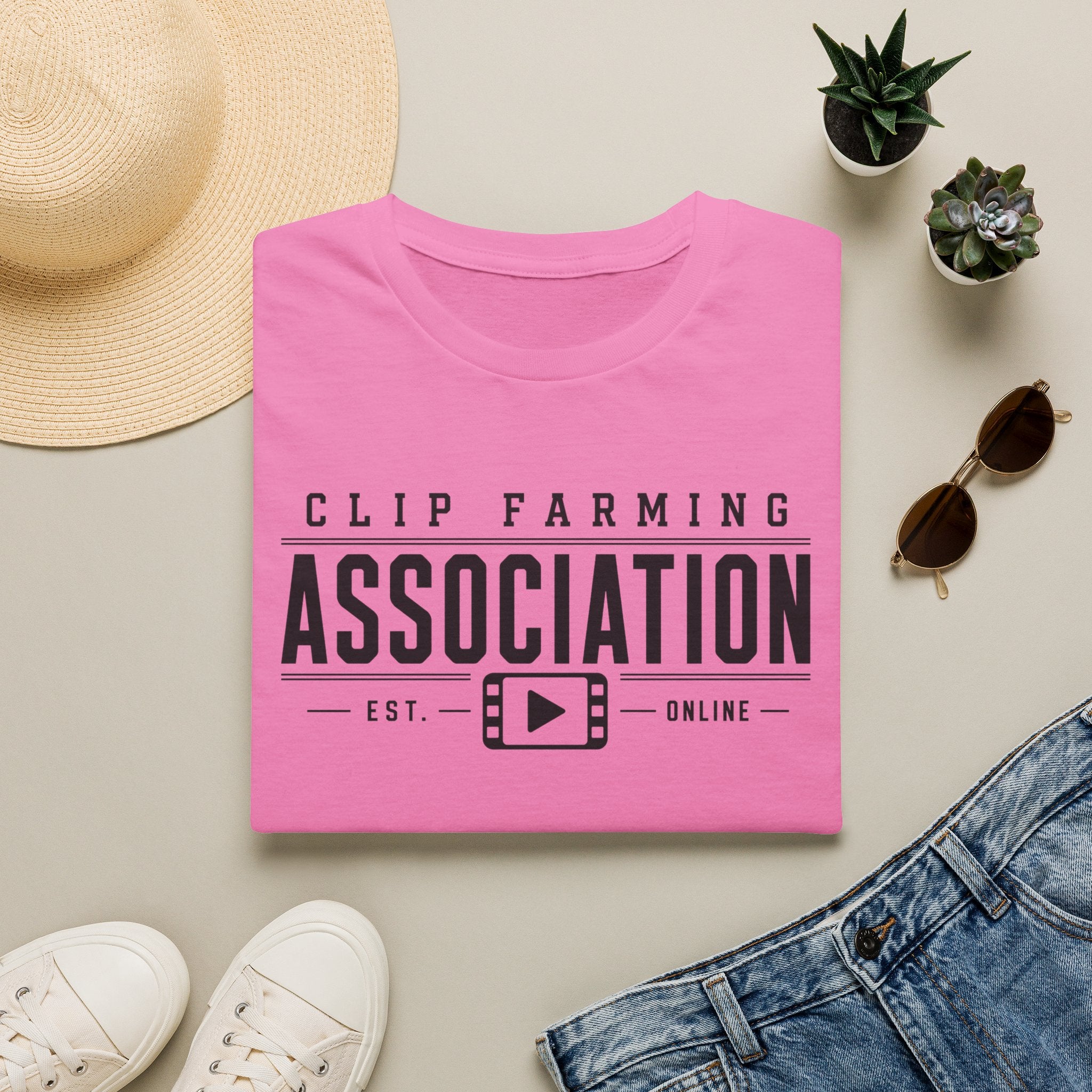 Clip Farming Association T‑Shirt — Vintage Film Reel ‘Est. Online’ Crew Tee