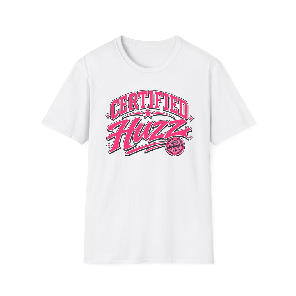 Certified Huzz T-Shirt — Pink Retro Badge Graphic Tee