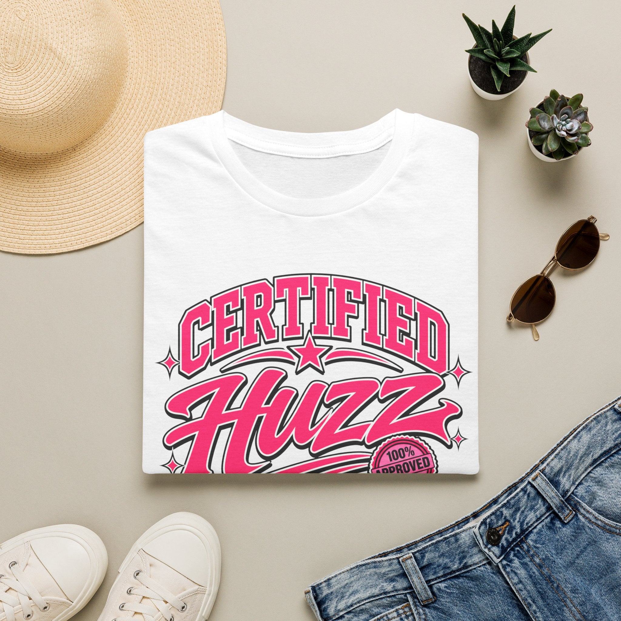 Certified Huzz T-Shirt — Pink Retro Badge Graphic Tee