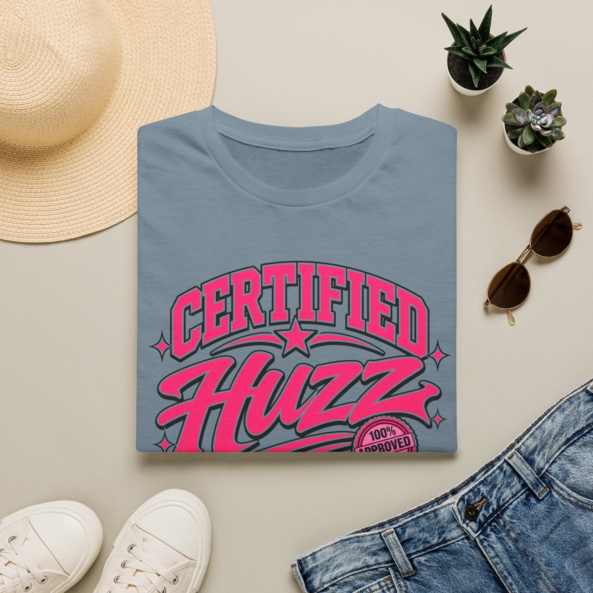 Certified Huzz T-Shirt — Pink Retro Badge Graphic Tee