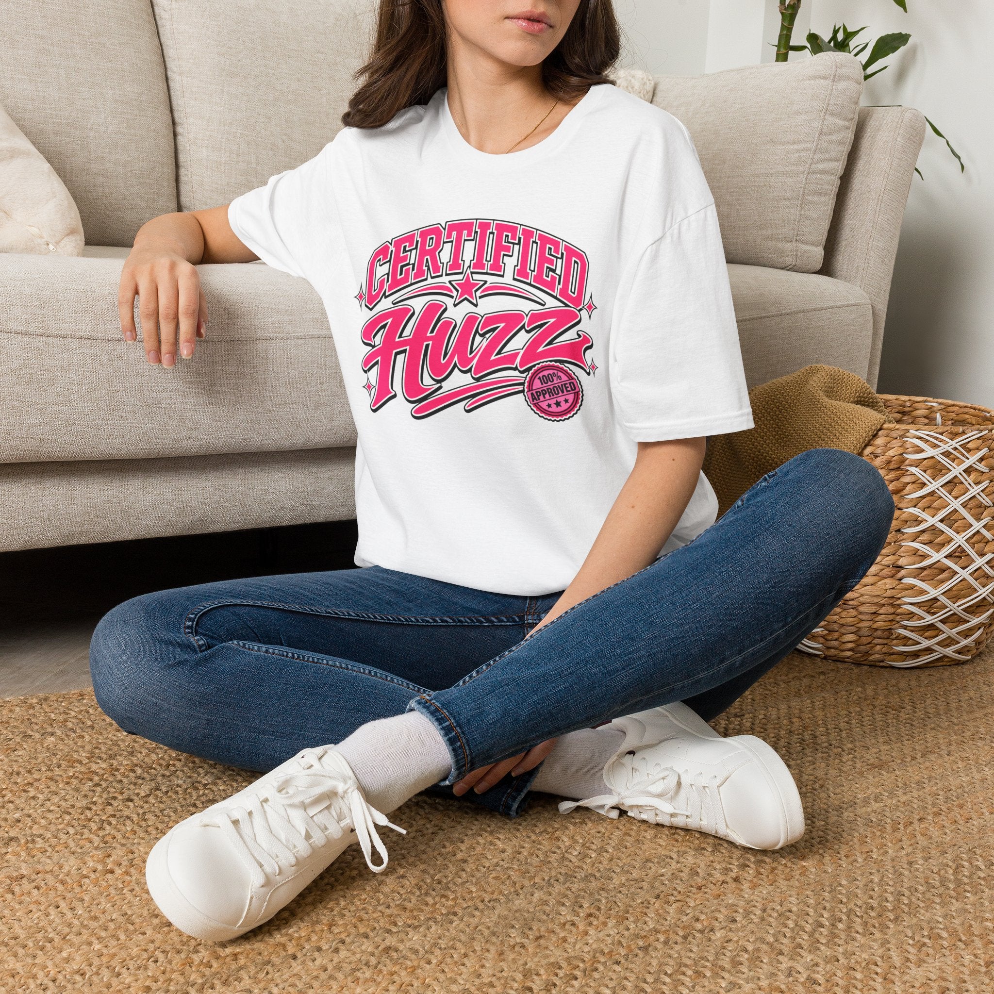 Certified Huzz T-Shirt — Pink Retro Badge Graphic Tee