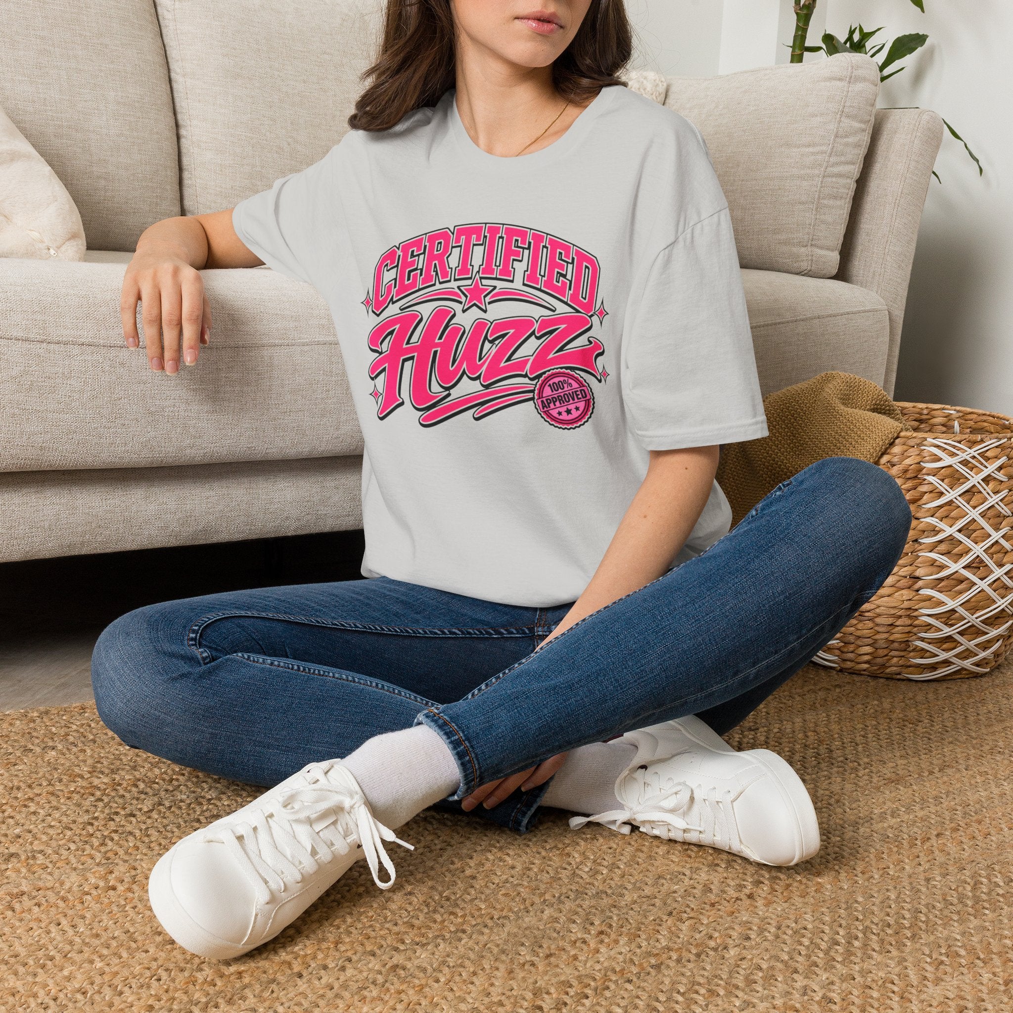 Certified Huzz T-Shirt — Pink Retro Badge Graphic Tee