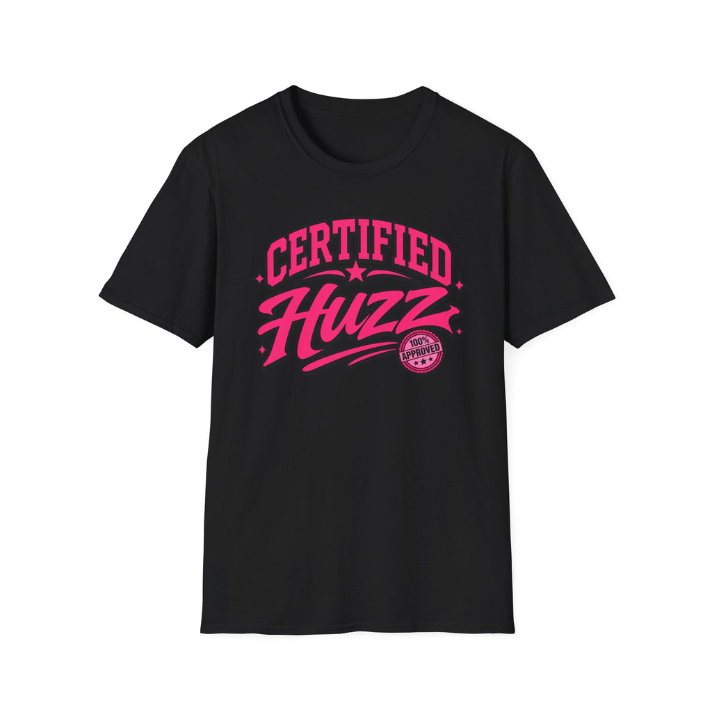 Certified Huzz T-Shirt — Pink Retro Badge Graphic Tee