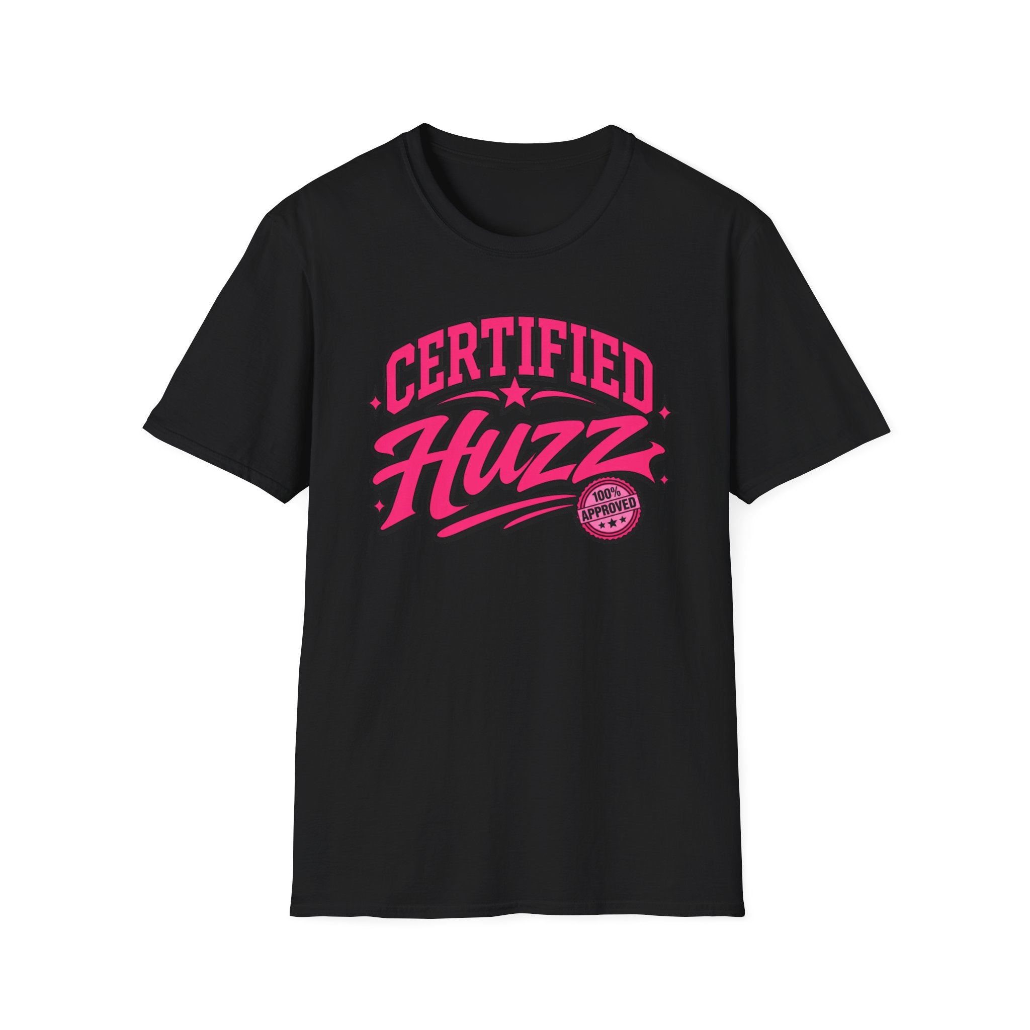 Certified Huzz T-Shirt — Pink Retro Badge Graphic Tee