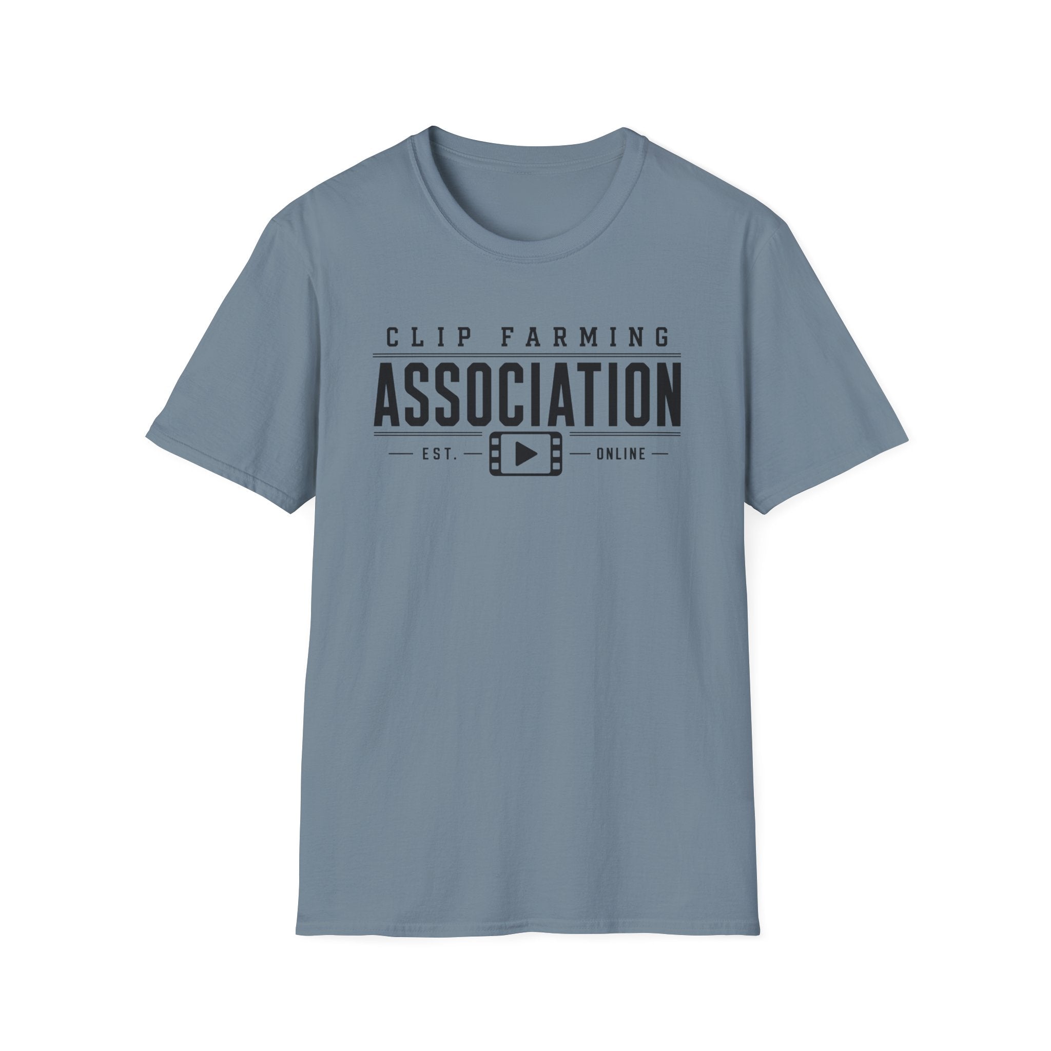 Clip Farming Association T‑Shirt — Vintage Film Reel ‘Est. Online’ Crew Tee
