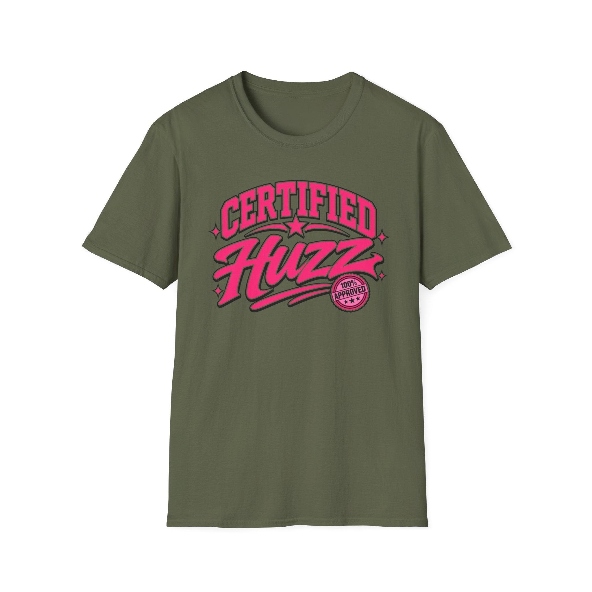 Certified Huzz T-Shirt — Pink Retro Badge Graphic Tee