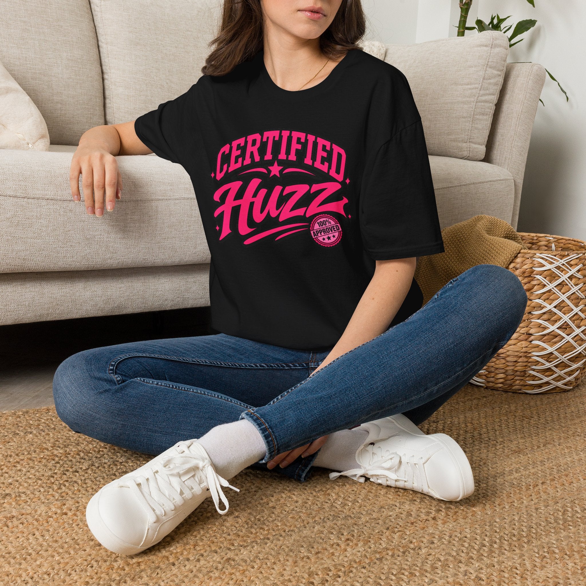 Certified Huzz T-Shirt — Pink Retro Badge Graphic Tee