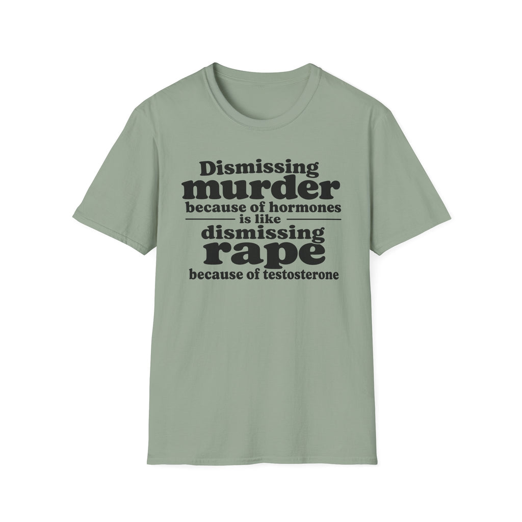 Statement Tee — "Dismissing m because of hormones is like dismissing r because of testosterone"