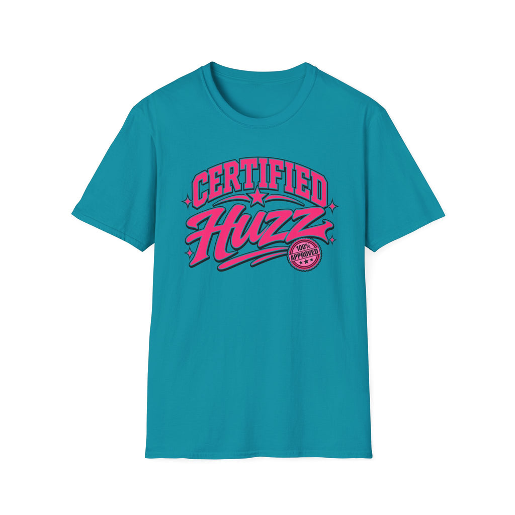 Certified Huzz T-Shirt — Pink Retro Badge Graphic Tee