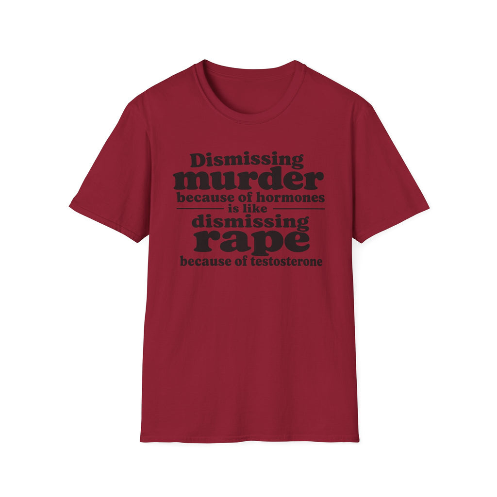Statement Tee — "Dismissing m because of hormones is like dismissing r because of testosterone"