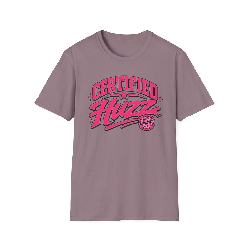 Certified Huzz T-Shirt — Pink Retro Badge Graphic Tee