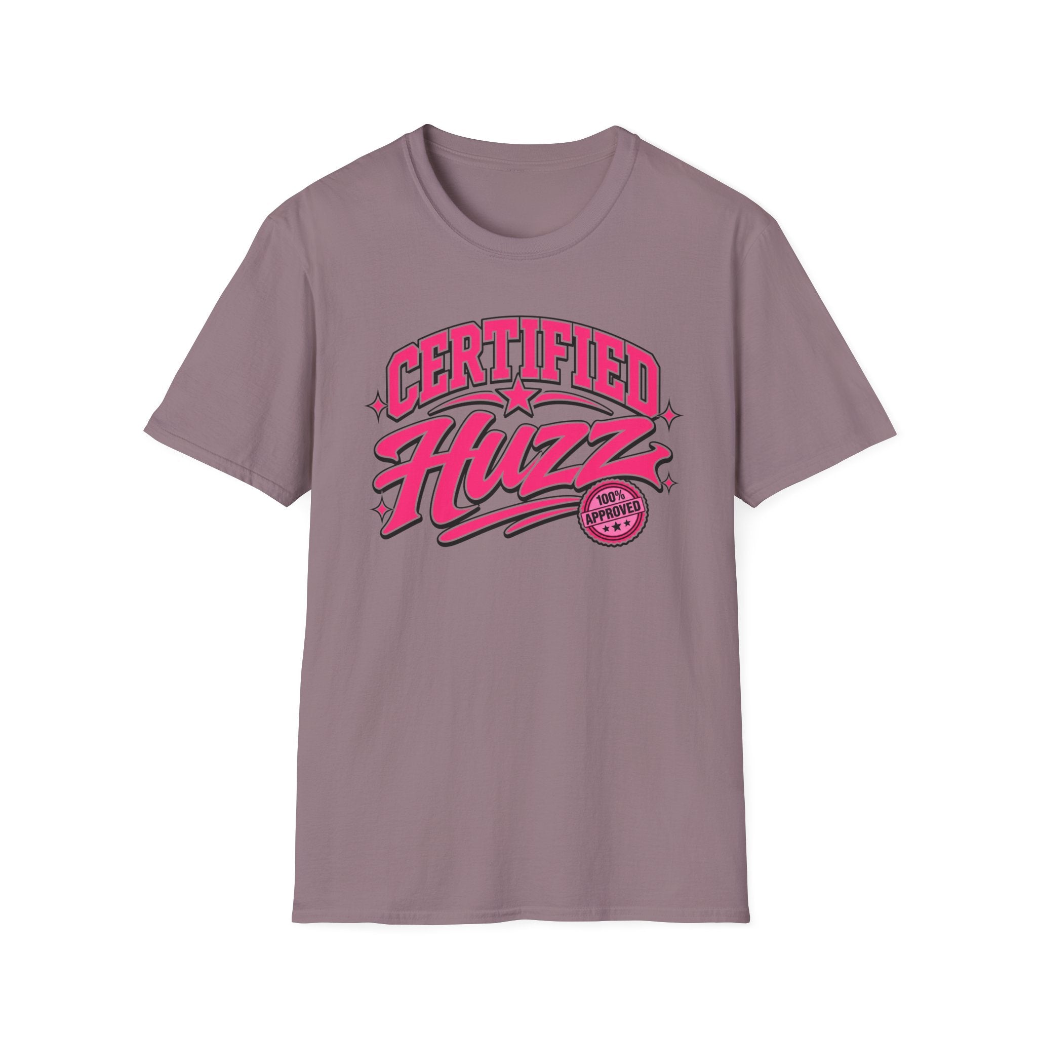 Certified Huzz T-Shirt — Pink Retro Badge Graphic Tee