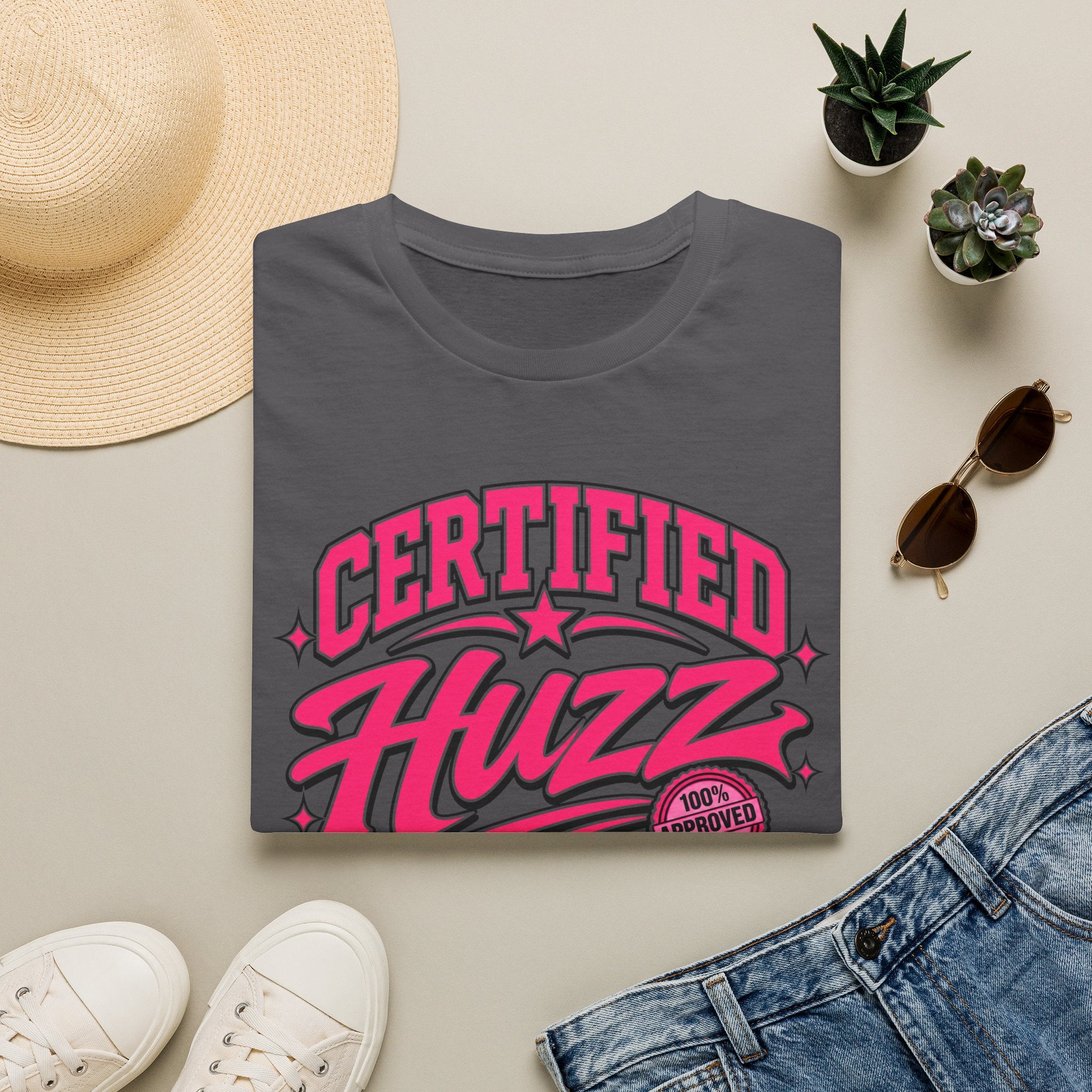 Certified Huzz T-Shirt — Pink Retro Badge Graphic Tee