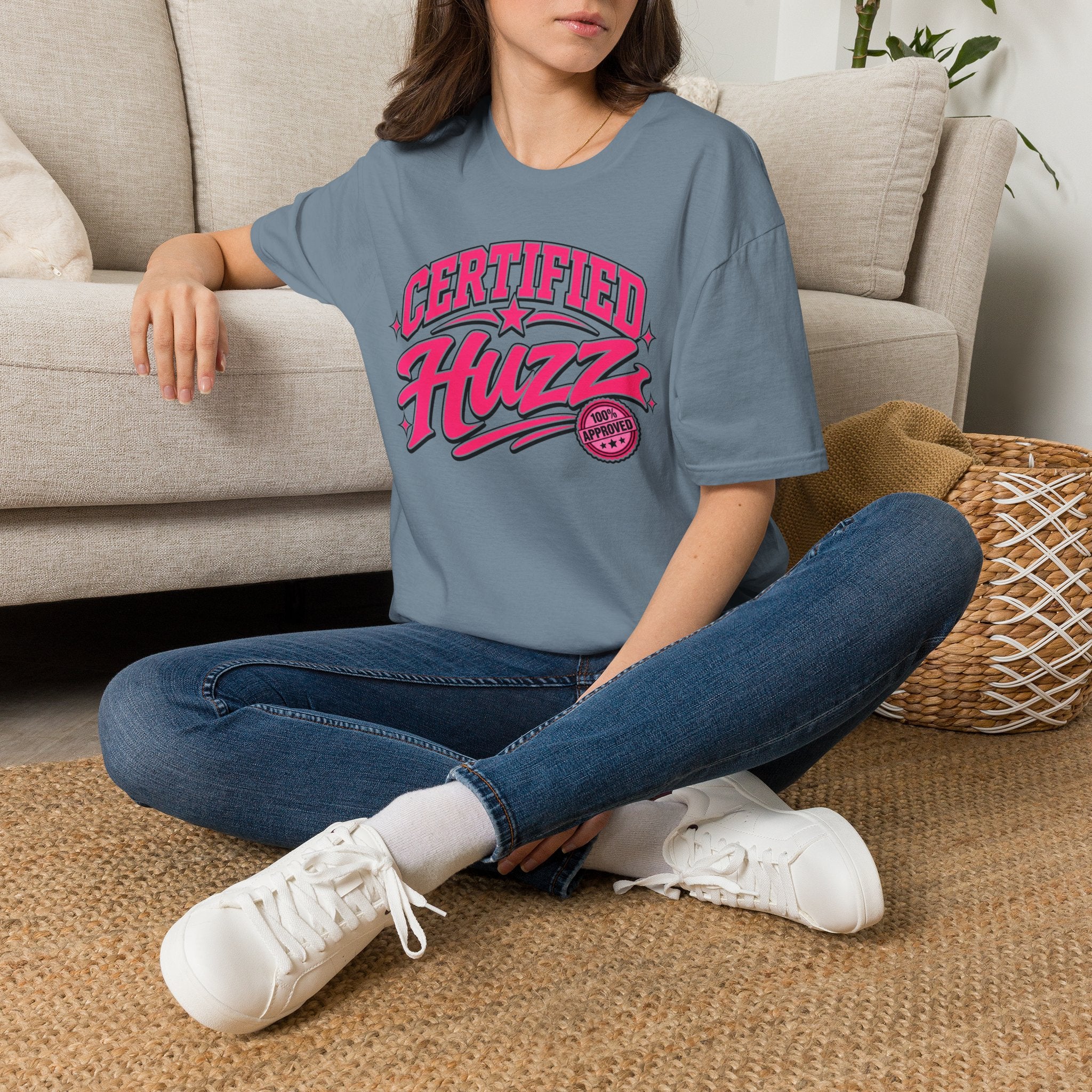 Certified Huzz T-Shirt — Pink Retro Badge Graphic Tee
