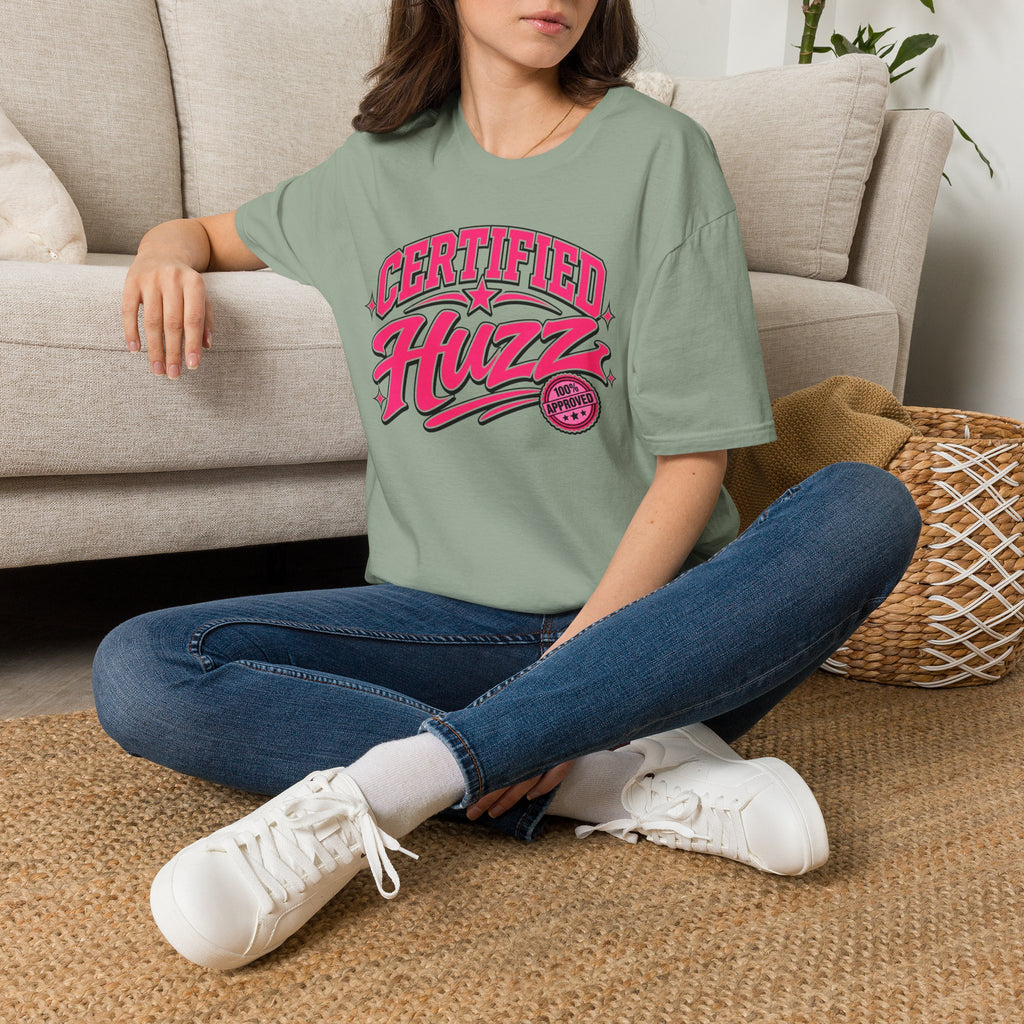 Certified Huzz T-Shirt — Pink Retro Badge Graphic Tee
