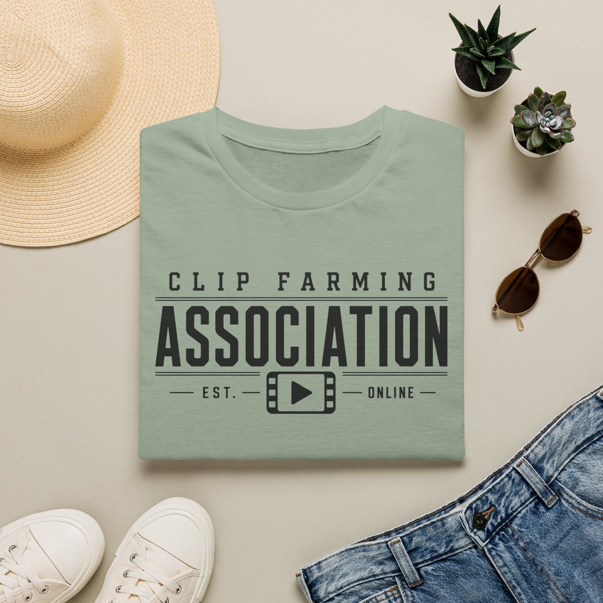 Clip Farming Association T‑Shirt — Vintage Film Reel ‘Est. Online’ Crew Tee