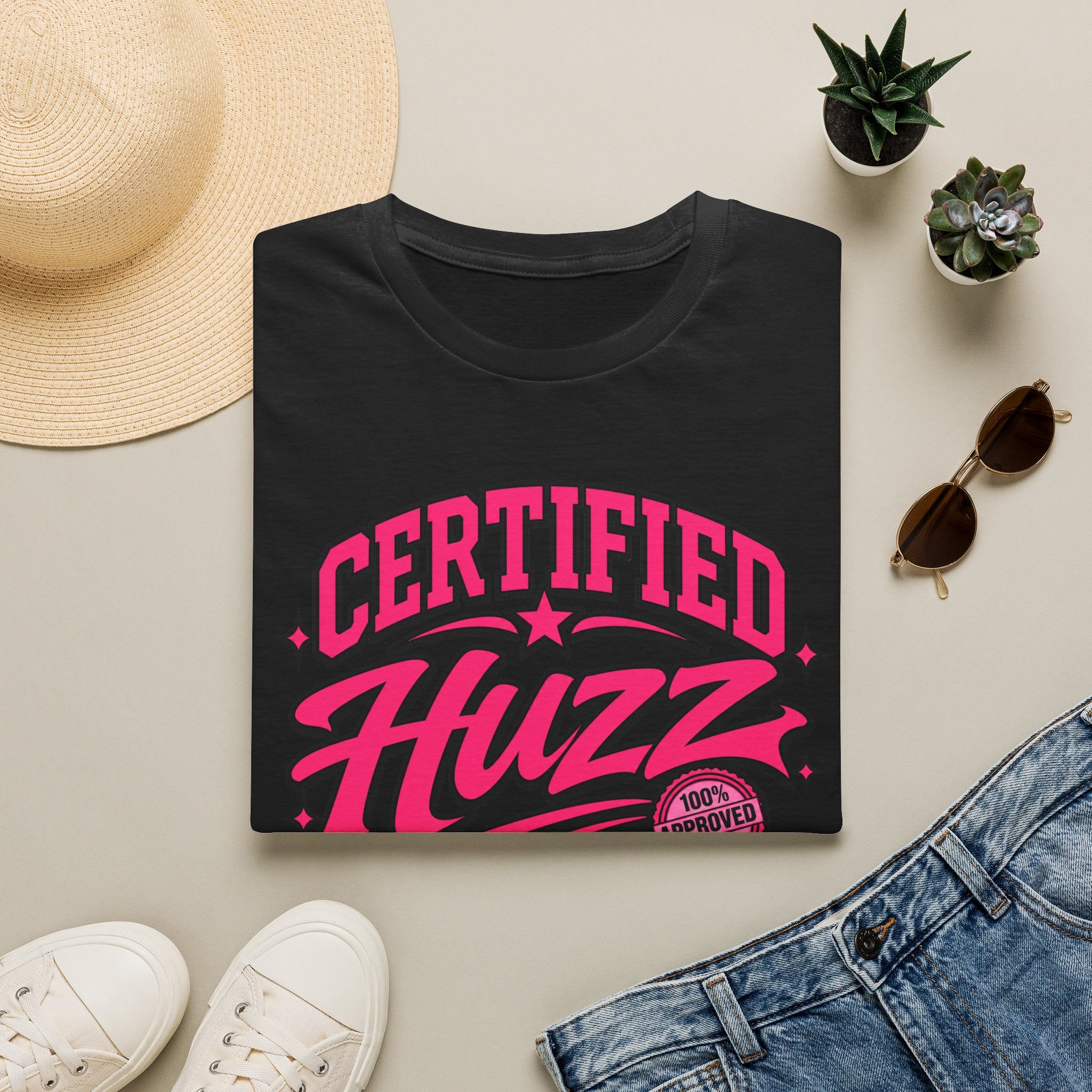 Certified Huzz T-Shirt — Pink Retro Badge Graphic Tee
