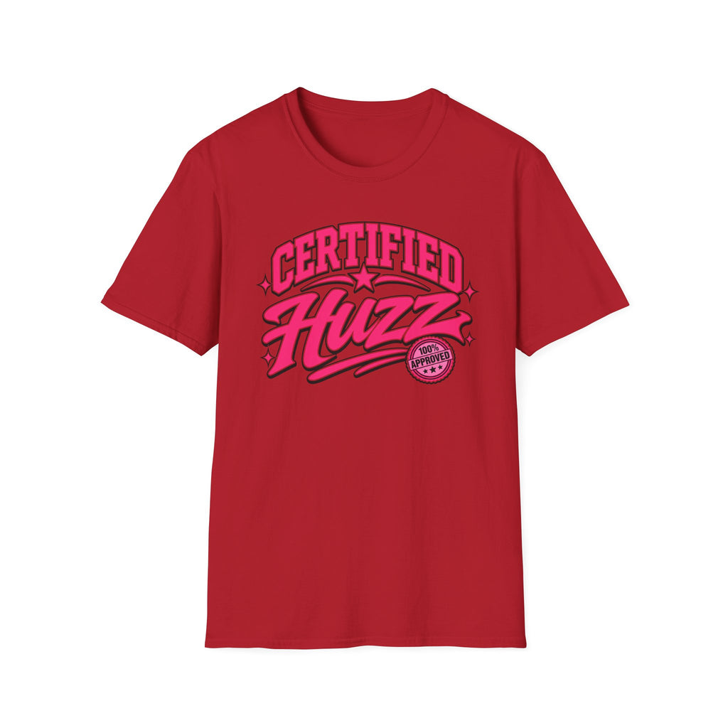 Certified Huzz T-Shirt — Pink Retro Badge Graphic Tee