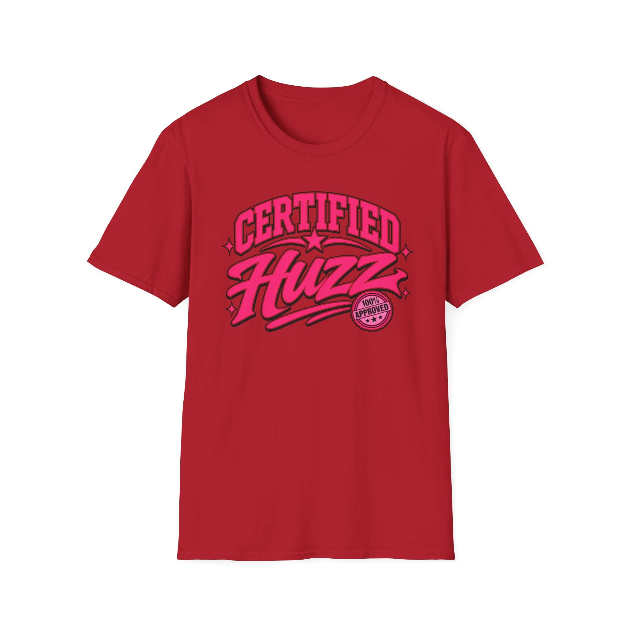 Certified Huzz T-Shirt — Pink Retro Badge Graphic Tee