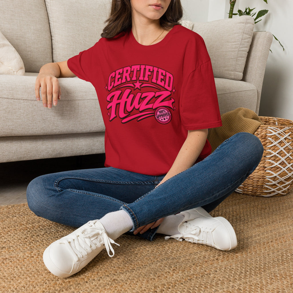 Certified Huzz T-Shirt — Pink Retro Badge Graphic Tee