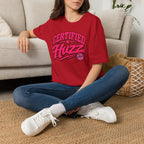 Certified Huzz T-Shirt — Pink Retro Badge Graphic Tee