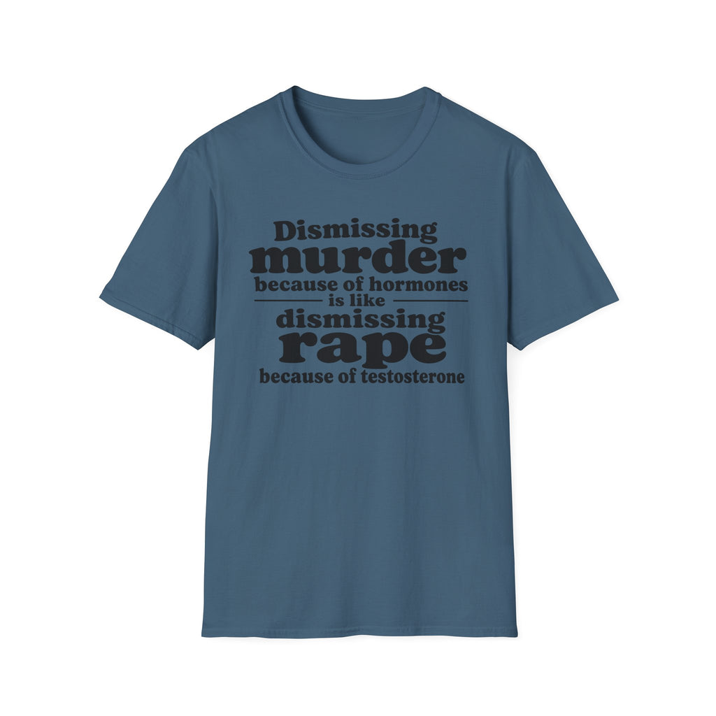 Statement Tee — "Dismissing m because of hormones is like dismissing r because of testosterone"