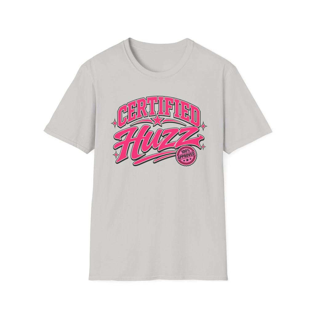 Certified Huzz T-Shirt — Pink Retro Badge Graphic Tee