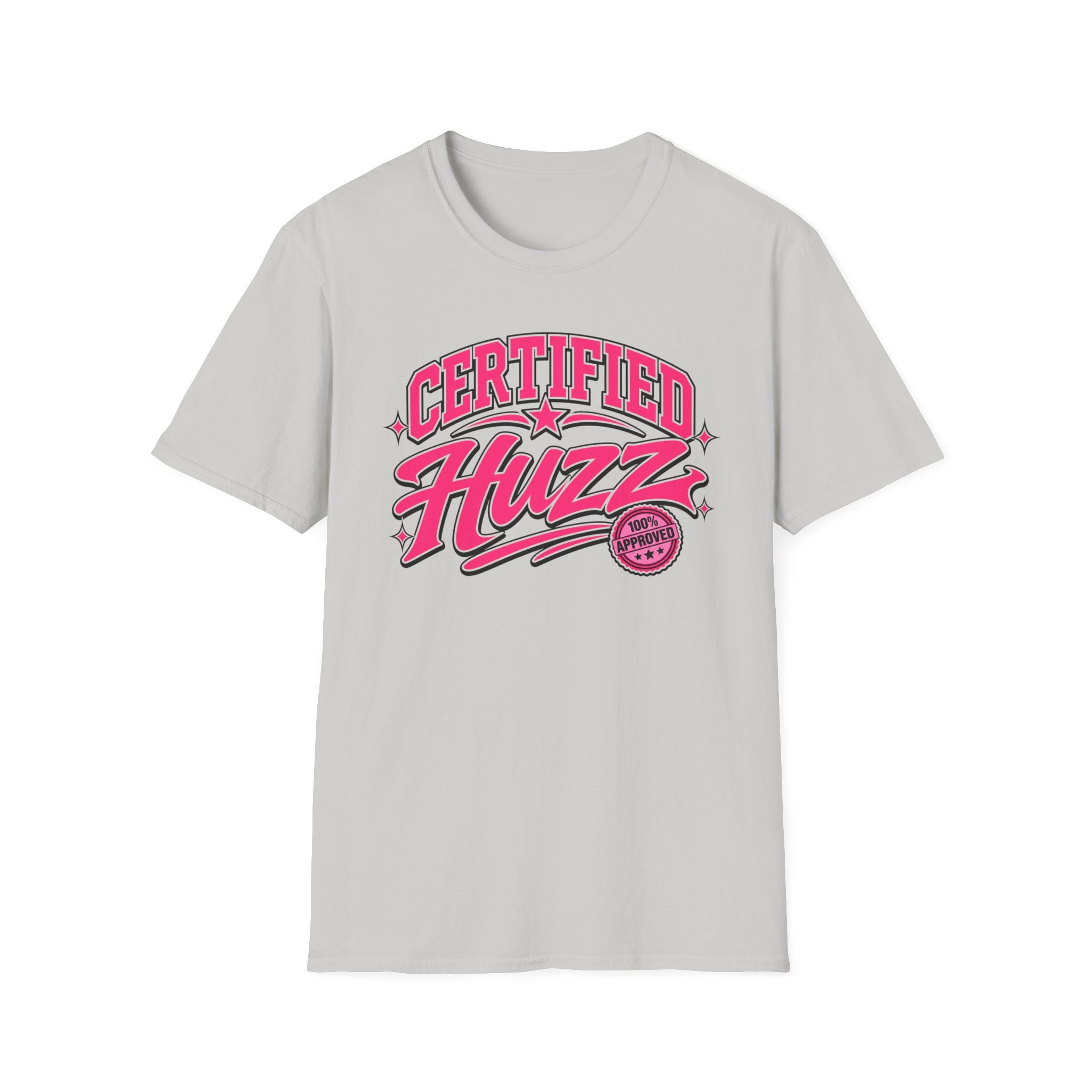 Certified Huzz T-Shirt — Pink Retro Badge Graphic Tee