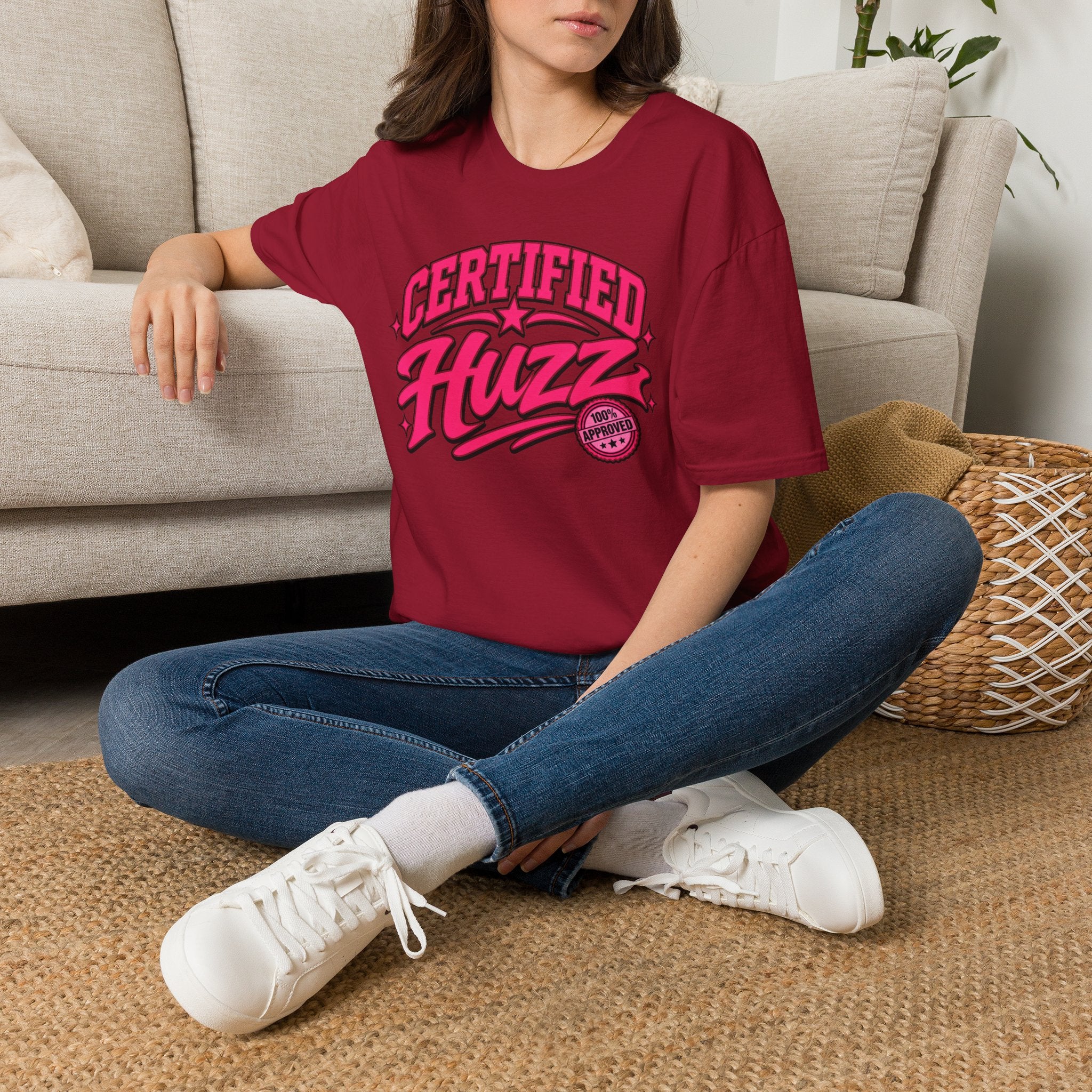 Certified Huzz T-Shirt — Pink Retro Badge Graphic Tee