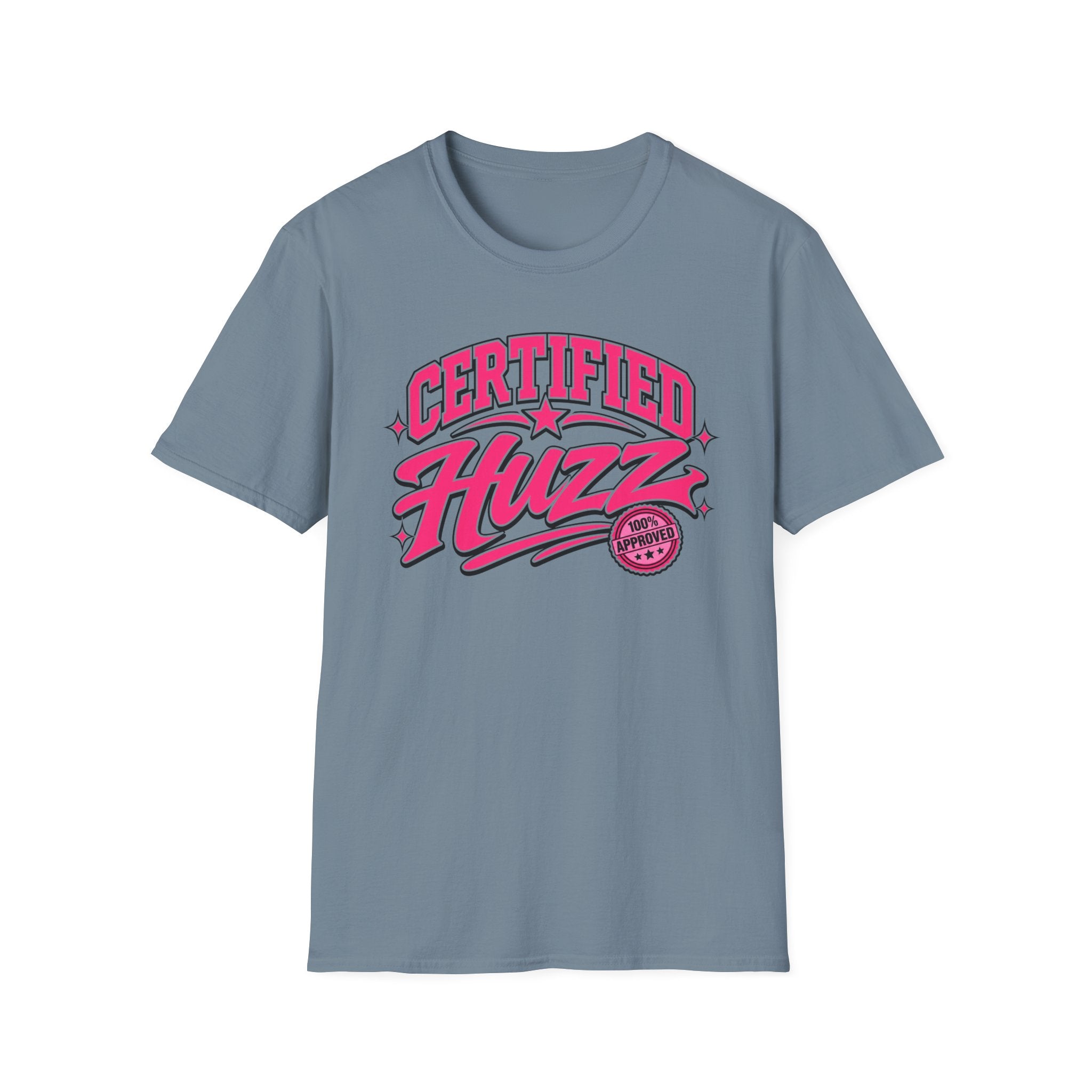 Certified Huzz T-Shirt — Pink Retro Badge Graphic Tee