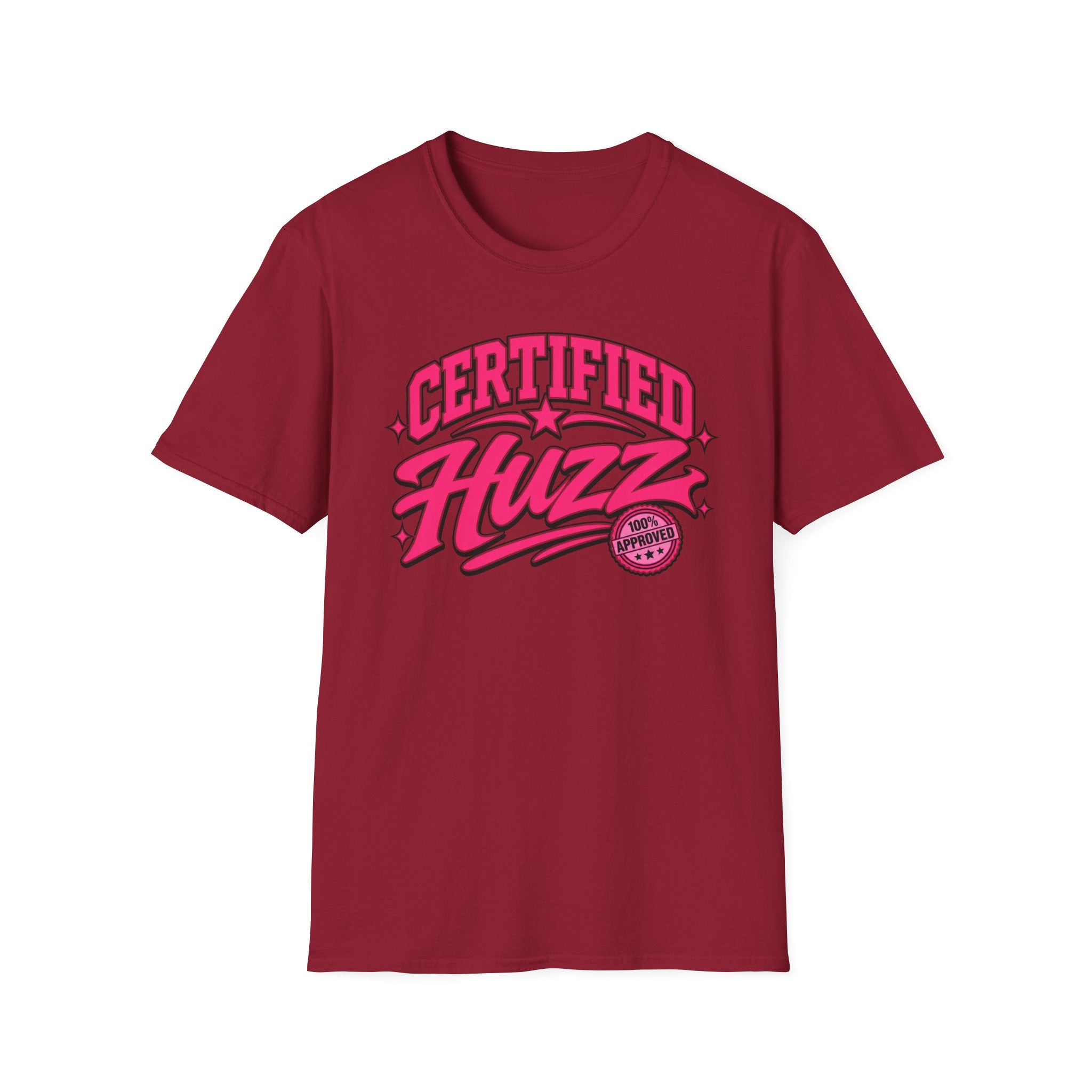 Certified Huzz T-Shirt — Pink Retro Badge Graphic Tee