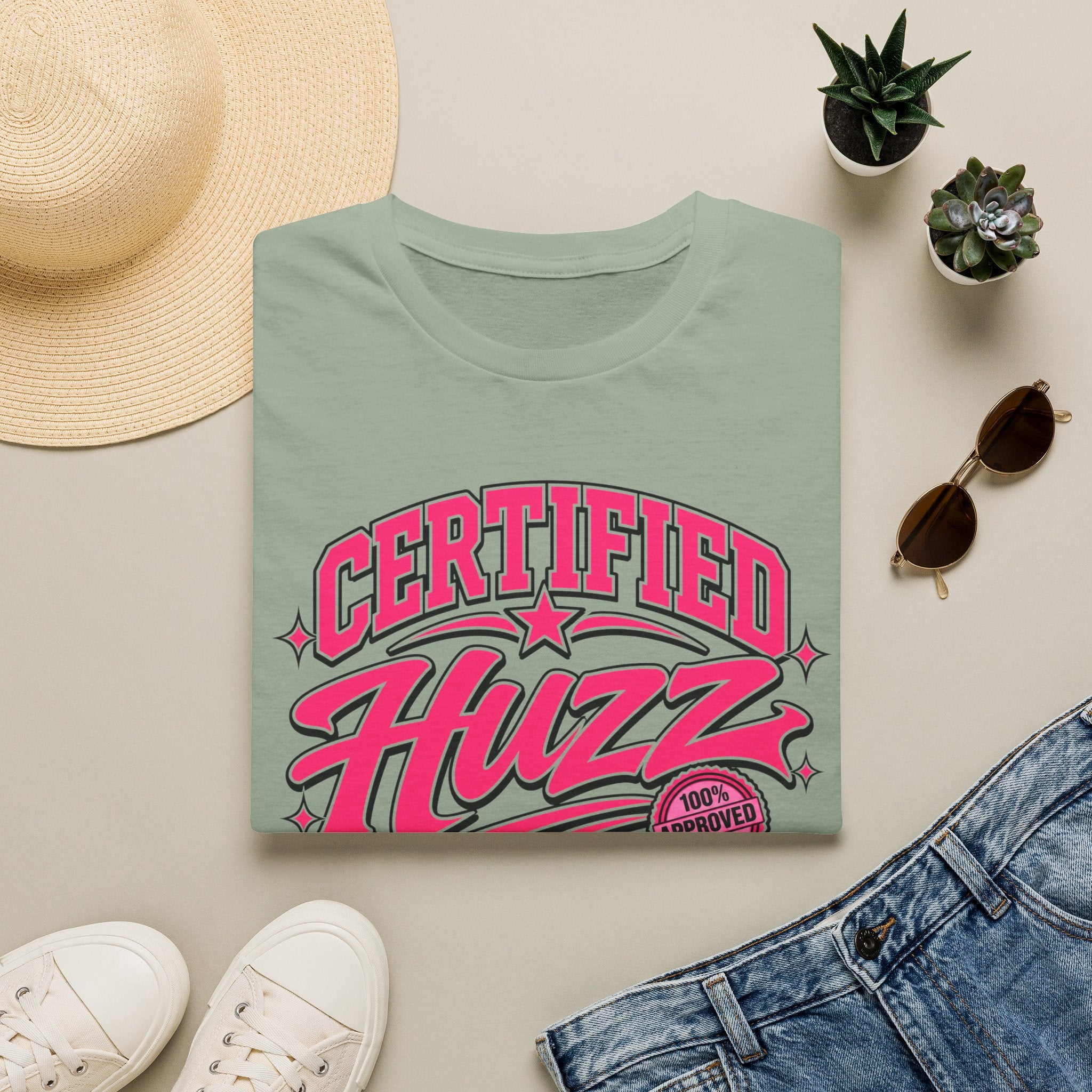 Certified Huzz T-Shirt — Pink Retro Badge Graphic Tee
