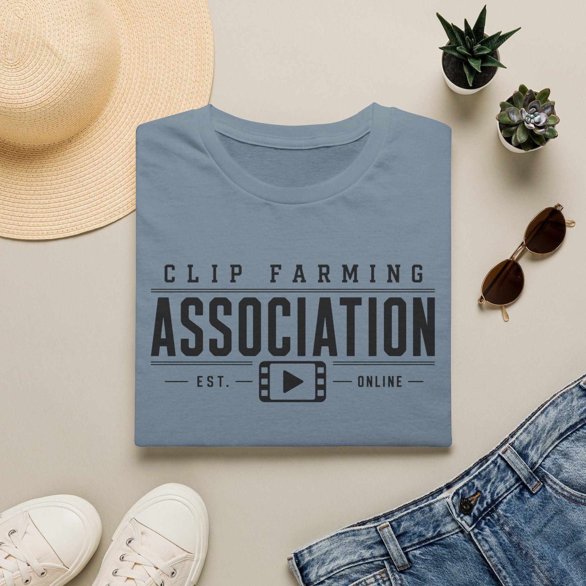 Clip Farming Association T‑Shirt — Vintage Film Reel ‘Est. Online’ Crew Tee