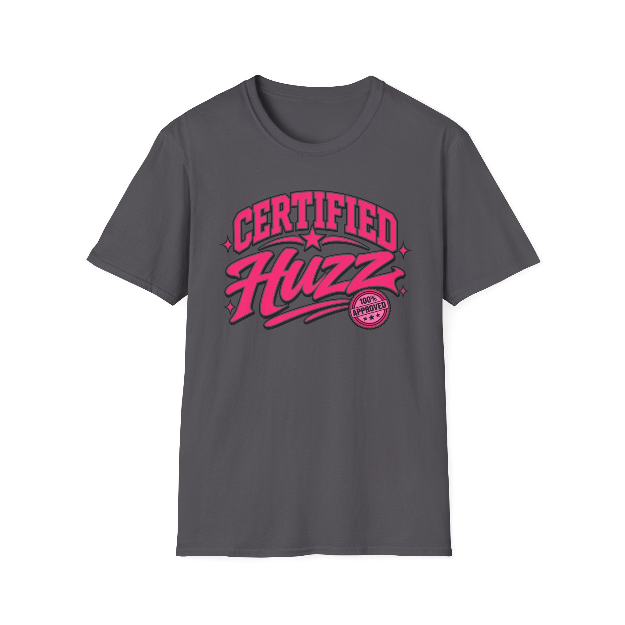 Certified Huzz T-Shirt — Pink Retro Badge Graphic Tee